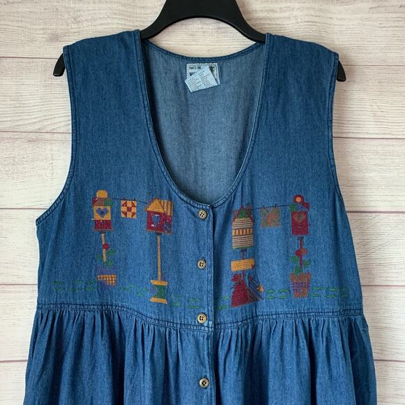 That's The Way To Go Always Innovative Denim Jean Dress Embroidered Birdhouse L - Picture 2 of 16